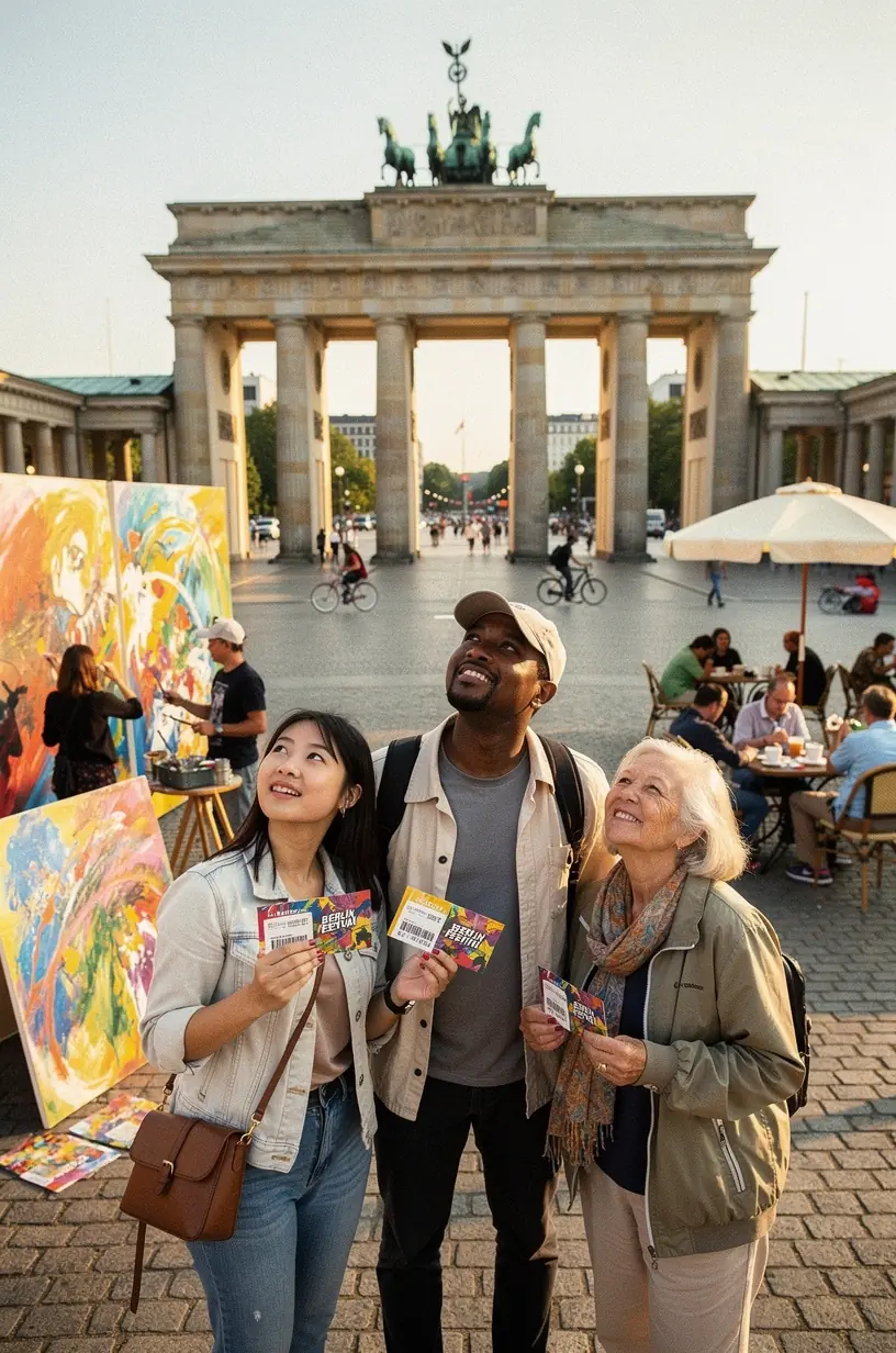 Menschen treffen sich an einem Informationsstand für Kulturfestival-Touren in Deutschland.